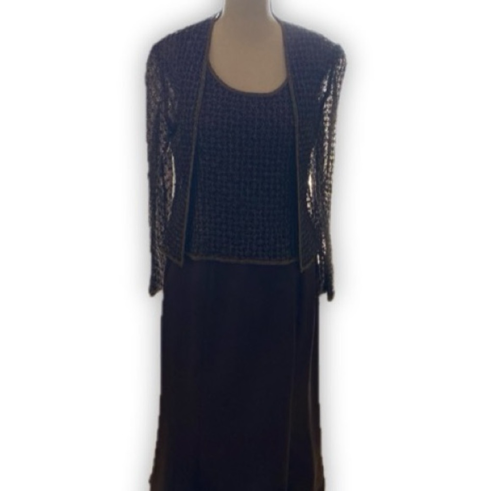 Adrianna Papell Three Piece Chocolate Brown Formal Gown with Gold Beaded Accents - Picture 3 of 16